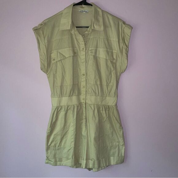 Hunter & Brown M Playsuit Tan Utility Cargo Jumpsuit Poplin Button Collar - Picture 1 of 9